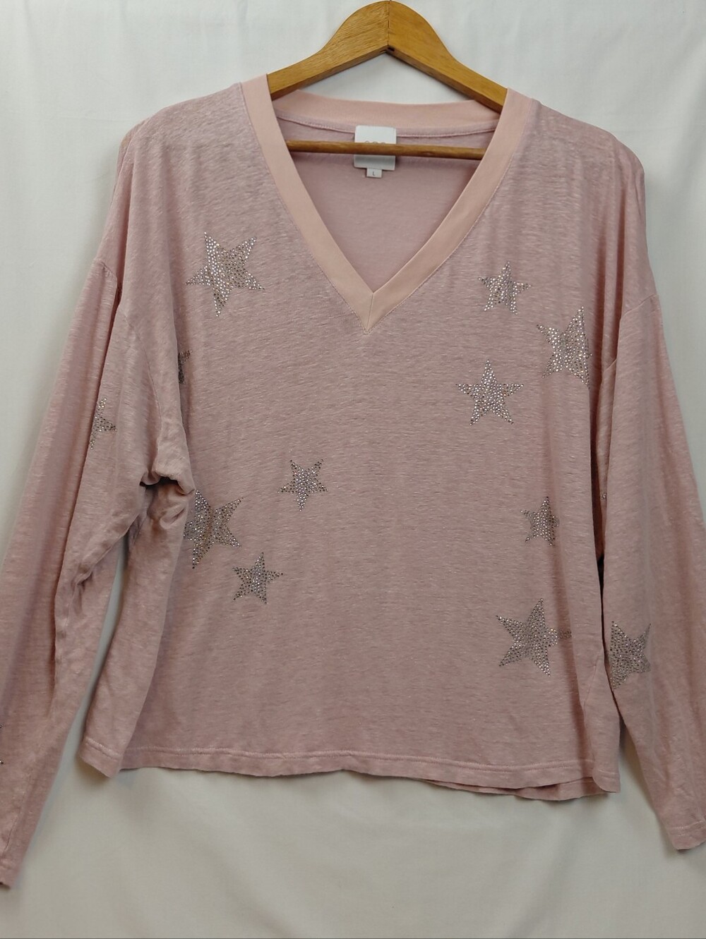 SEN 100% Linen V Neck Long Sleeve Shirt Silver Stars Women's Size Large Pink